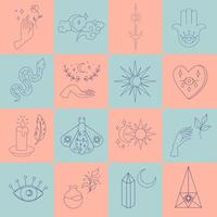 Esoteric elements collection. Magic icons minimalistic symbols, planets, hands and crystals, eyes vector