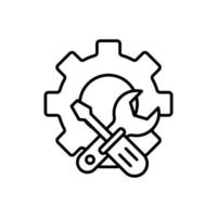 Gear icon illustration with screwdriver  and wrench. icon related to tool. outline icon style. Simple vector design editable