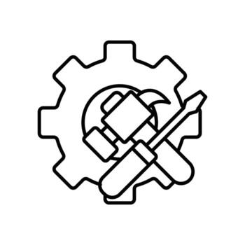 Gear icon illustration with hammer and screwdriver. icon related to tool. outline icon style. Simple vector design editable