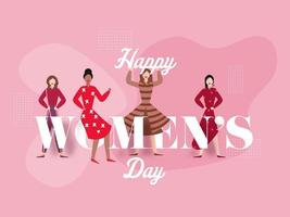 Beautiful Strong Girls in Different Pose on Pink Abstract Background for Happy Women's Day. vector