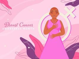 Breast Cancer Awareness Month Text with Bald Young Girl Character, Venus Sign and Leaves Decorated on Pink Background. vector
