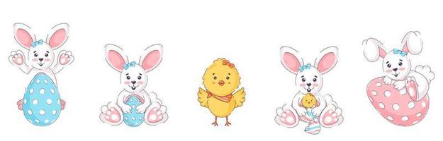 Different Activity Cartoon Rabbit with Printed Eggs and Chick Bird on White Background. vector