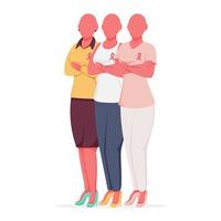 Bald Female Group wear Breast Cancer Ribbon in Standing Pose on White Background. vector