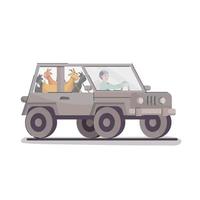 Muslim Young Boy Driving Jeep with Cartoon Goats on White Background. vector