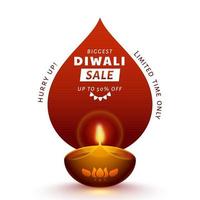 diwali más grande rebaja póster diseño con 50 descuento oferta y iluminado petróleo lámpara diya en blanco antecedentes. vector