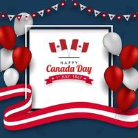 contento Canadá día texto con canadiense banderas, ondulado cintas y lustroso globos decorado en azul antecedentes. vector