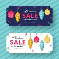 UP TO 60 Off For Christmas Sale Header Or Banner Design Decorated With Hanging Baubles In Two Color Options. vector