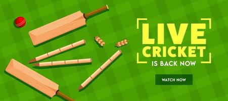 Live Cricket Is Back Now Text with Top View of Bat, Ball and Wicket Stumps on Green Tartan Pattern Background. Header or Banner Design. vector