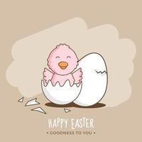 Cute Chick in Broken Egg with Crack Egg on Pastel Brown Background for Happy Easter, Goodness To You. vector