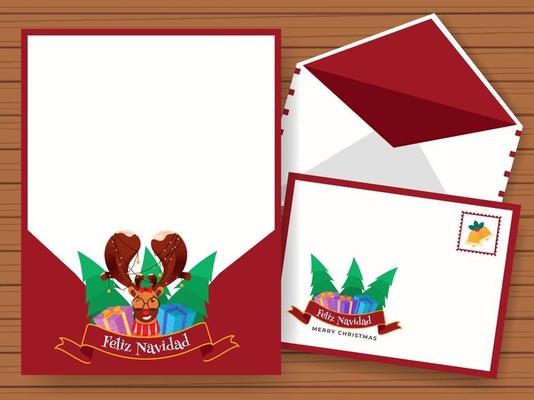 Empty Greeting Card With Double-Sides Envelope Present For Merry Christmas In Spanish Language.