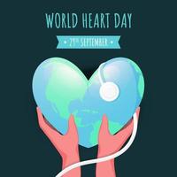 Human Hand Holding Glossy Heart Shaped Earth Checkup From Stethoscope on Green Background for World Heart Day, 29th September. Can be used as poster design. vector