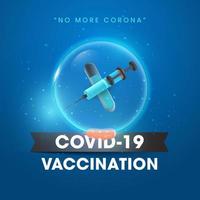 Covid-19 Vaccination Concept With Vaccine Tube And Syringe Inside Glossy Bubble On Blue Background. vector