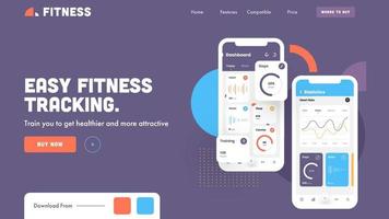 Landing Page or Hero Shot Image with Easy Fitness Tracking App in Smartphone on Purple Background. vector