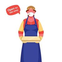 Waiter Woman Wear Protective Mask, Gloves With Holding Parcel And Given Message Open For Take Away During Coronavirus. vector