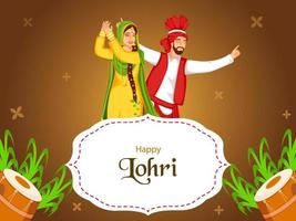 contento lohri celebracion concepto con alegre punjabi Pareja personaje, dhol instrumentos y Caña de azúcar en marrón antecedentes. vector