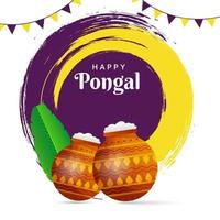 Happy Pongal Celebration Concept With Traditional Dish Mud Pots, Banana Leaf And Brush Stroke Effect On White Background. vector