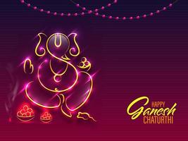 Golden Line Art Lord Ganesha Image With Lights Effect, Rat And Laddu On Gradient Purple Background For Happy Ganesh Chaturthi. vector