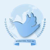 International Peace Day Text Ribbon with Paper Cut Pigeon Bird and Leaf Branches on Light Blue Earth Globe Background. vector