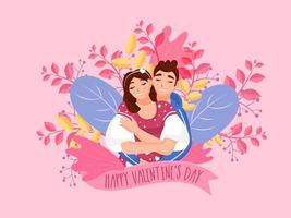 joven chico abrazando Novia desde detrás en naturaleza ver rosado antecedentes para contento San Valentín día celebracion. vector