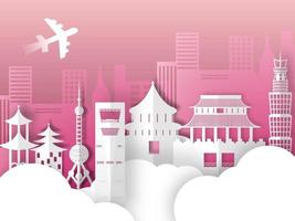 Paper Cut Style China Famous Monuments with Skyscraper Buildings and Airplane on Clouds Background. vector