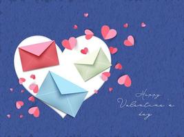 Different Color Envelope with Paper Hearts Decorated on Blue Concrete Texture Background for Happy Valentine's Day. vector