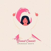 Breast Cancer Awareness Ribbon Made By Pink Brush with Young Girl Showing Thumbs Up on Beige Background. vector