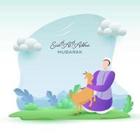 Cartoon Muslim Man holding a Goat with Clouds on Green Nature and Blue Background for Eid-Al-Adha Mubarak Concept. vector