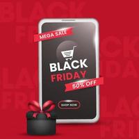 Black Friday Mega Sale Poster Design With 50 Discount Offer, Realistic Gift Box And Smartphone On Red Background. vector