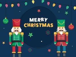 Vector Illustration Of Nutcrackers Character With Stars, Hanging Baubles And Lighting Garland On Blue Background For Merry Christmas.