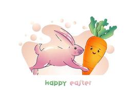 Illustration of Rabbit Running with Cartoon Carrot on Abstract Background for Happy Easter Celebration. vector