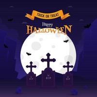 Happy Halloween Celebration Poster Design with RIP Stones and Full Moon on Blue and Purple Background.