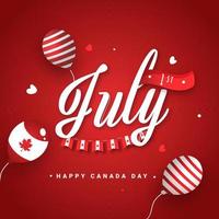 Paper 1st July Font with Canadian Bunting Flags and Balloons Decorated on Red Background for Happy Canada Day Celebration. vector