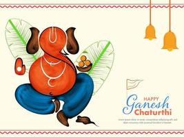 color dibujar de señor ganesha, rata con plátano hojas y campanas colgando para contento ganesh chaturthi celebracion. vector