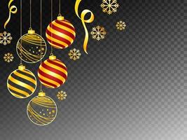 Black Png Background Decorated with Hanging Christmas Balls and Golden Snowflakes. vector