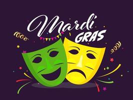 Mardi Gras Text with Comedy and Tragedy Mask on Purple Background Decorated with Confetti. vector