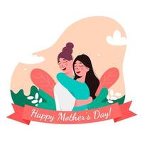 Happy Mother's Day Poster Design with illustration of Mother Hugging Her Daughter and Leaves on Abstract Background. vector