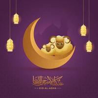 Bronze Eid-Al-Adha Calligraphy in Arabic Language with Crescent Moon, Two Cartoon Sheep and Hanging Illuminated Lanterns on Purple Mosque Background. vector