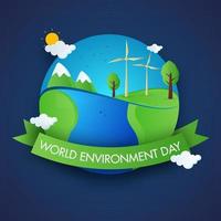 World Environment Day Text in Green Ribbon with Eco Globe, Windmills, Mountains and Sun on Blue Background. vector