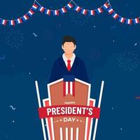 Cartoon Man Character At Podium On The Occasion Of USA Happy President's Day. vector