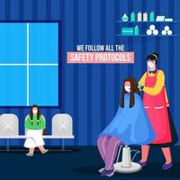 Illustration of Female Hairdresser with Her Clients Sitting at Chair in Salon or Beauty Parlor During Coronavirus Pandemic. vector