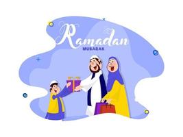 Happiness Muslim Man and Woman Given Gift Box to Little Boy on Abstract Blue Background for Ramadan Mubarak. vector