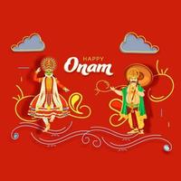 Cheerful King Mahabali with Kathakali Dancer Character and Line Art Waves on Red Background for Happy Onam Festival. vector