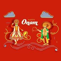 Cheerful King Mahabali with Kathakali Dancer Character and Line Art Waves on Red Background for Happy Onam Festival. vector