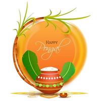 contento pongal celebracion con barro maceta lleno de pongali arroz, plátano hojas, Caña de azúcar, iluminado petróleo lámpara en naranja y blanco antecedentes. vector