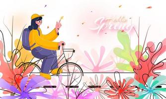 Young Girl Riding a Bicycle with a Backpack on Colorful Flowers Background for Hello Spring. vector