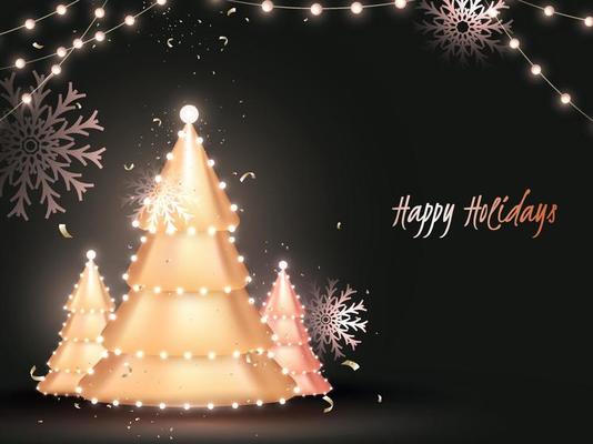 Decorative 3D Glossy Xmas Trees With Snowflakes And Lighting Garland Decorated On Black Background.