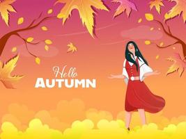 Hello Autumn Gradient Background With Beautiful Young Girl Enjoying. vector