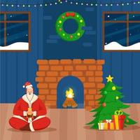 Illustration Of Santa Claus Listen Music From Headphones On Interior View Decorated With Xmas Tree, Gift Box, Fireplace And Wreath. vector