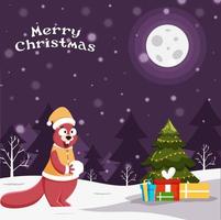 Cartoon Squirrel Holding Snowball with Gift Boxes and Decorative Xmas Tree on Full Moon Snowfall Purple Background for Merry Christmas. vector