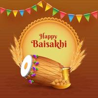 Illustration of Punjabi Festival Baisakhi or Vaisakhi with a Happy Punjabi Man Playing Drum and Performing Traditional Dance Bhangra with Wheatears, Sweet and Drink on Purple Background. vector